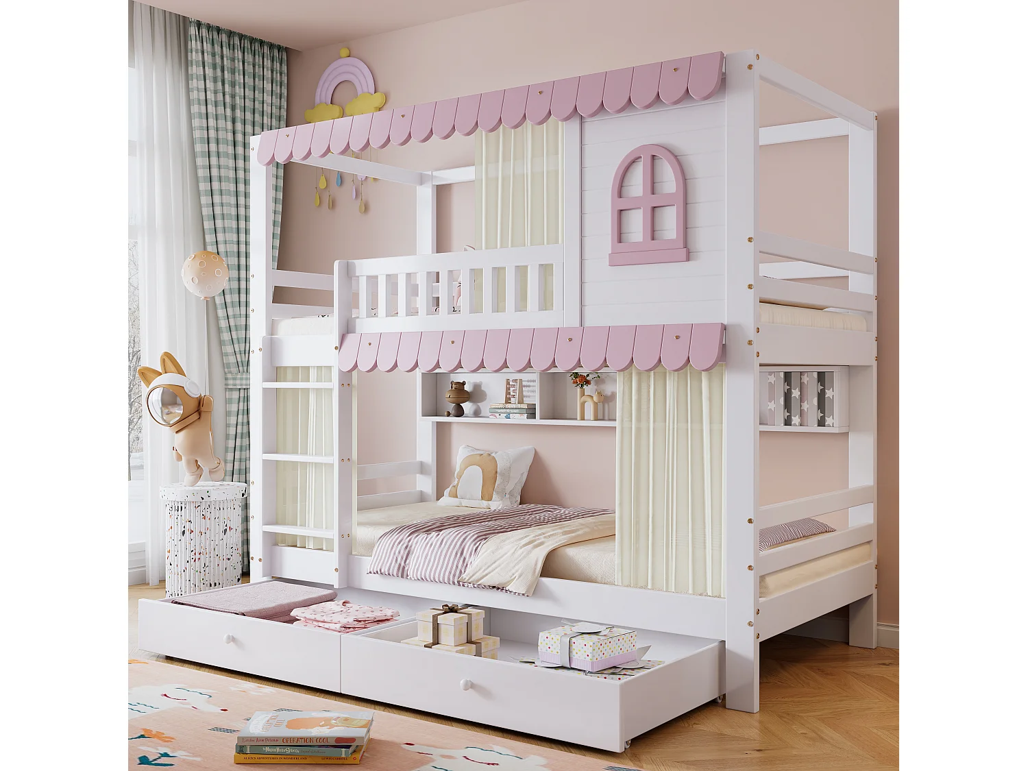 Litera infantil de 90x200 cm blanca/rosa con ventanas y cortinas, barandillas de seguridad, 2 cajones, estantes y barandilla protectora resistente.