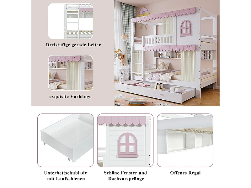 Litera infantil de 90x200 cm blanca/rosa con ventanas y cortinas, barandillas de seguridad, 2 cajones, estantes y barandilla protectora resistente.