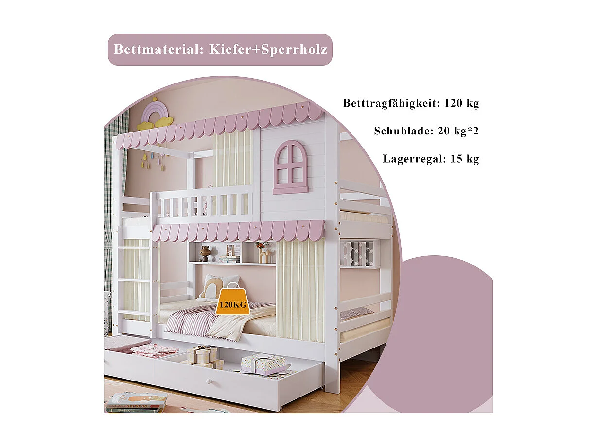 Litera infantil de 90x200 cm blanca/rosa con ventanas y cortinas, barandillas de seguridad, 2 cajones, estantes y barandilla protectora resistente.