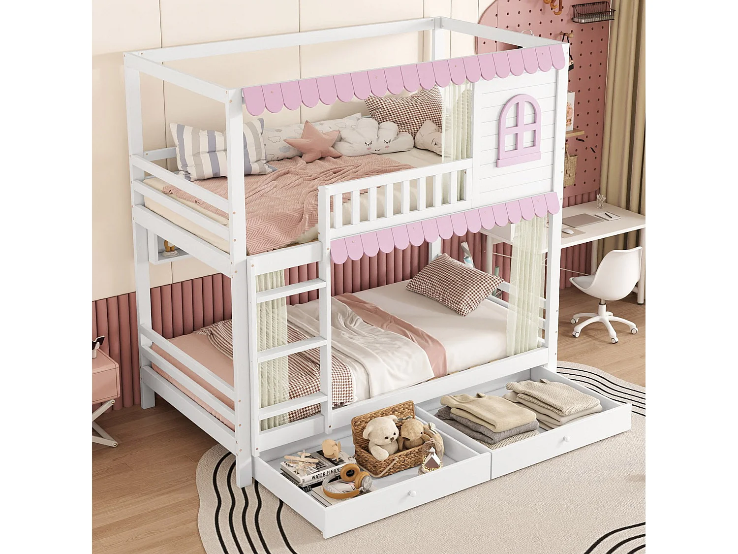 Lit superposé enfant 90x200 cm blanc/rose avec fenêtres et rideaux, barrières de sécurité, 2 tiroirs, étagères et garde-corps solide