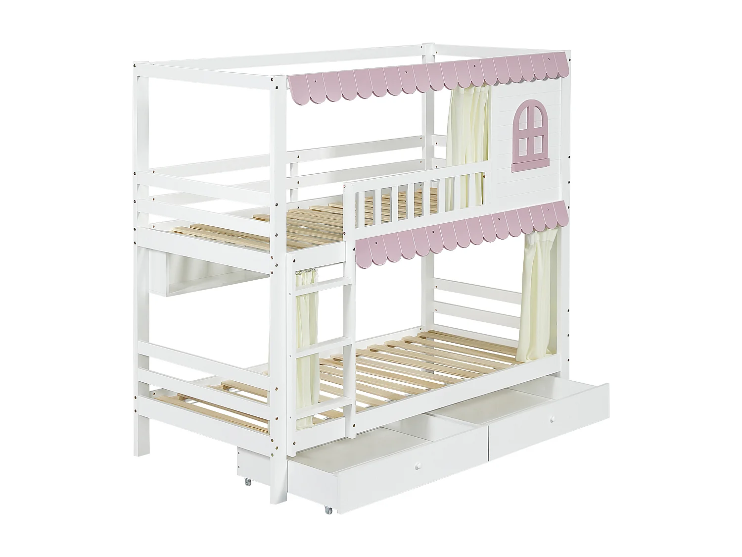 Lit superposé enfant 90x200 cm blanc/rose avec fenêtres et rideaux, barrières de sécurité, 2 tiroirs, étagères et garde-corps solide