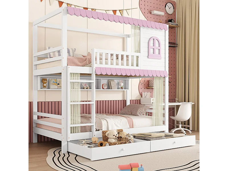 Lit superposé enfant 90x200 cm blanc/rose avec fenêtres et rideaux, barrières de sécurité, 2 tiroirs, étagères et garde-corps solide