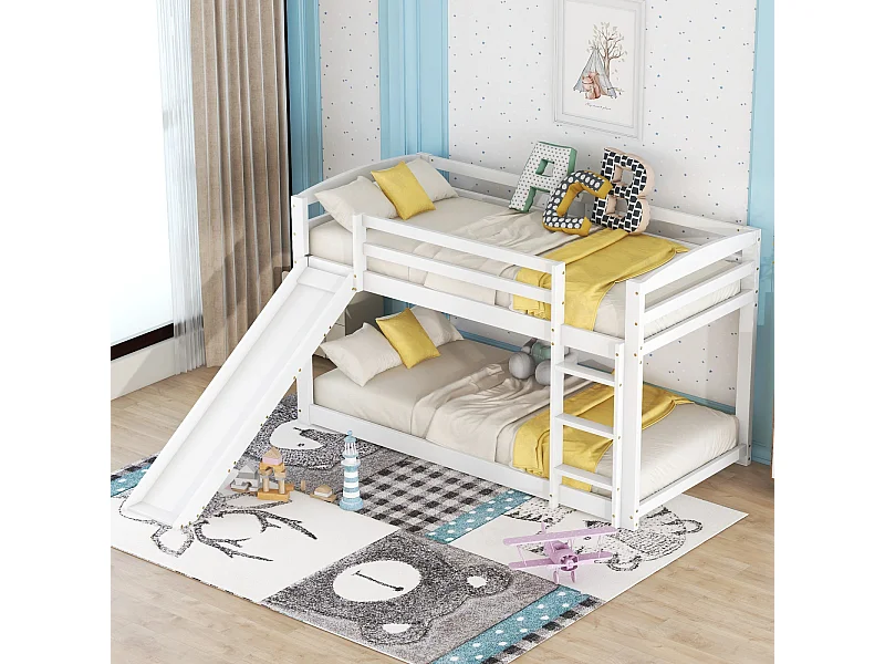 Lit superposé enfant 90x200cm blanc en bois massif avec toboggan – Montage facile, lit pratique, sûr et ludique pour enfants