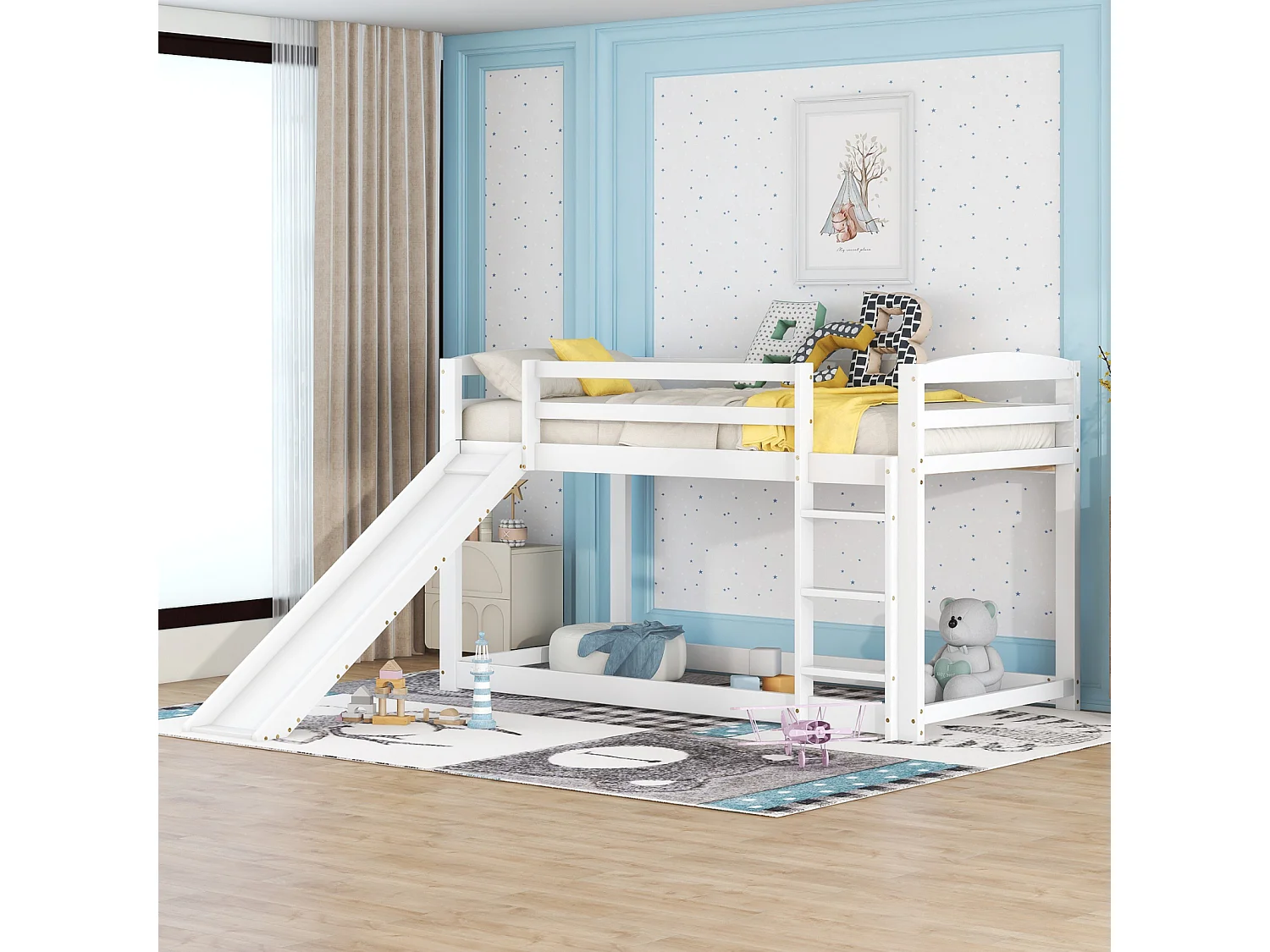 Lit superposé enfant 90x200cm blanc en bois massif avec toboggan – Montage facile, lit pratique, sûr et ludique pour enfants