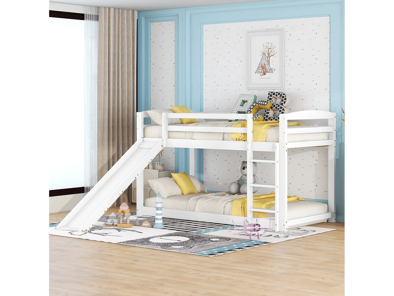 Lit superposé enfant 90x200cm blanc en bois massif avec toboggan – Montage facile, lit pratique, sûr et ludique pour enfants