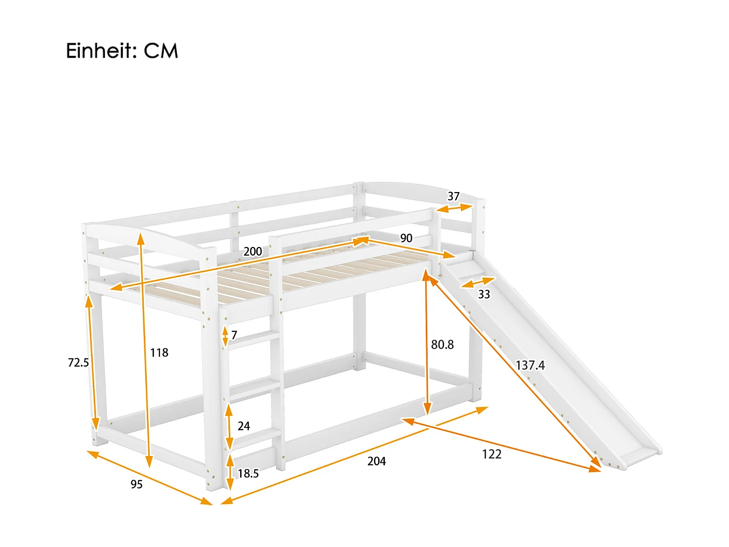 Lit superposé enfant 90x200cm blanc en bois massif avec toboggan – Montage facile, lit pratique, sûr et ludique pour enfants