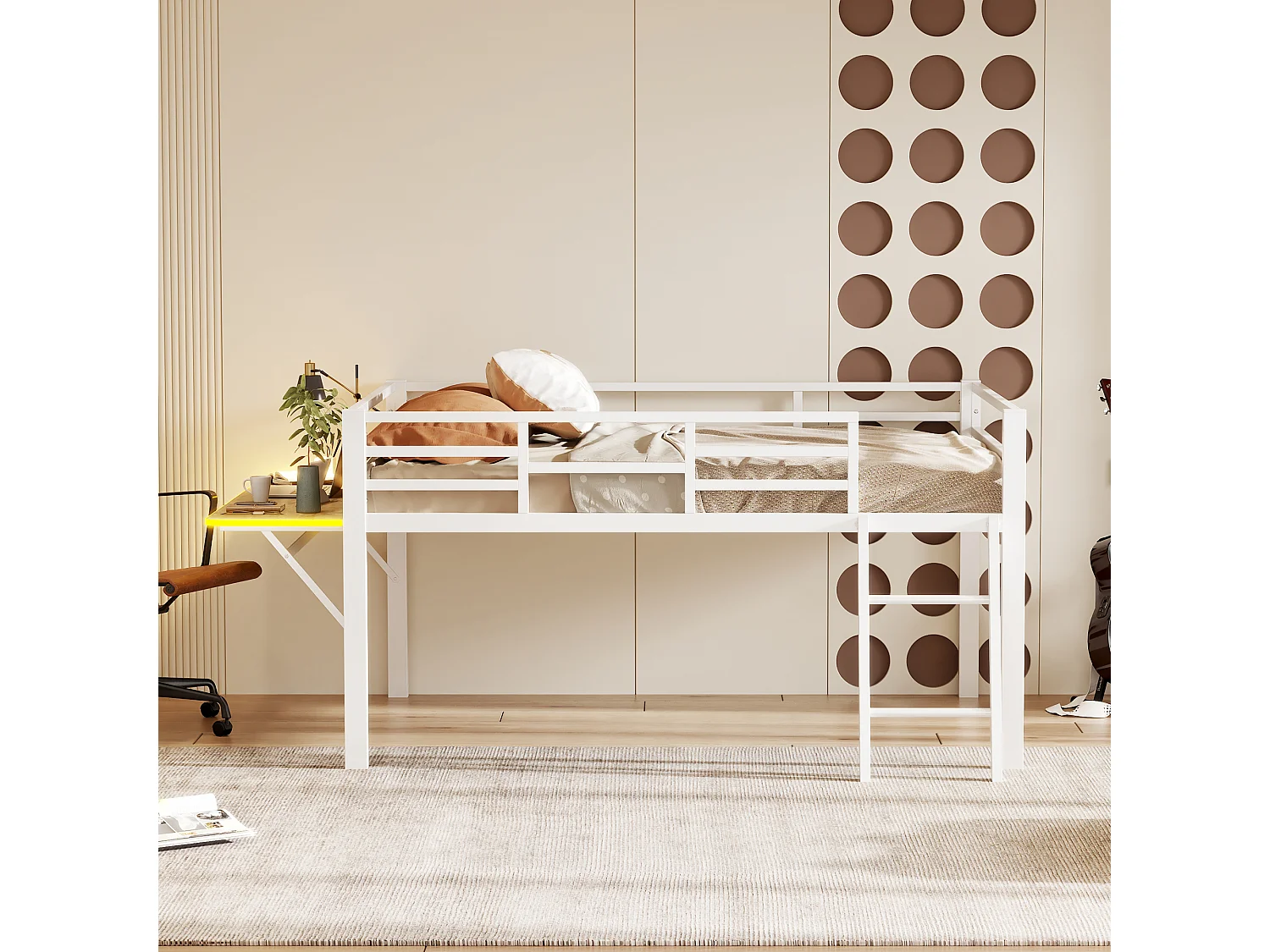 Lit mezzanine 140x200 cm en métal blanc avec garde-corps, échelle, bureau intégré et bande LED télécommandée, sans matelas