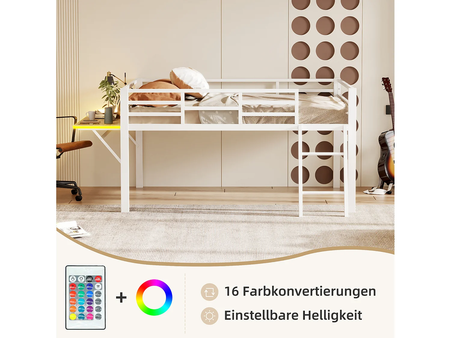 Lit mezzanine 140x200 cm en métal blanc avec garde-corps, échelle, bureau intégré et bande LED télécommandée, sans matelas