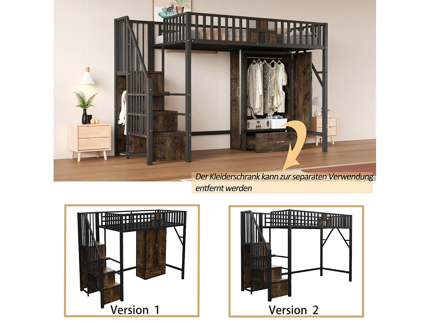 Lit mezzanine métal 90x200 cm noir avec garde-corps bois/métal, placard, tiroirs et échelle de rangement – lit sécurisé et pratique