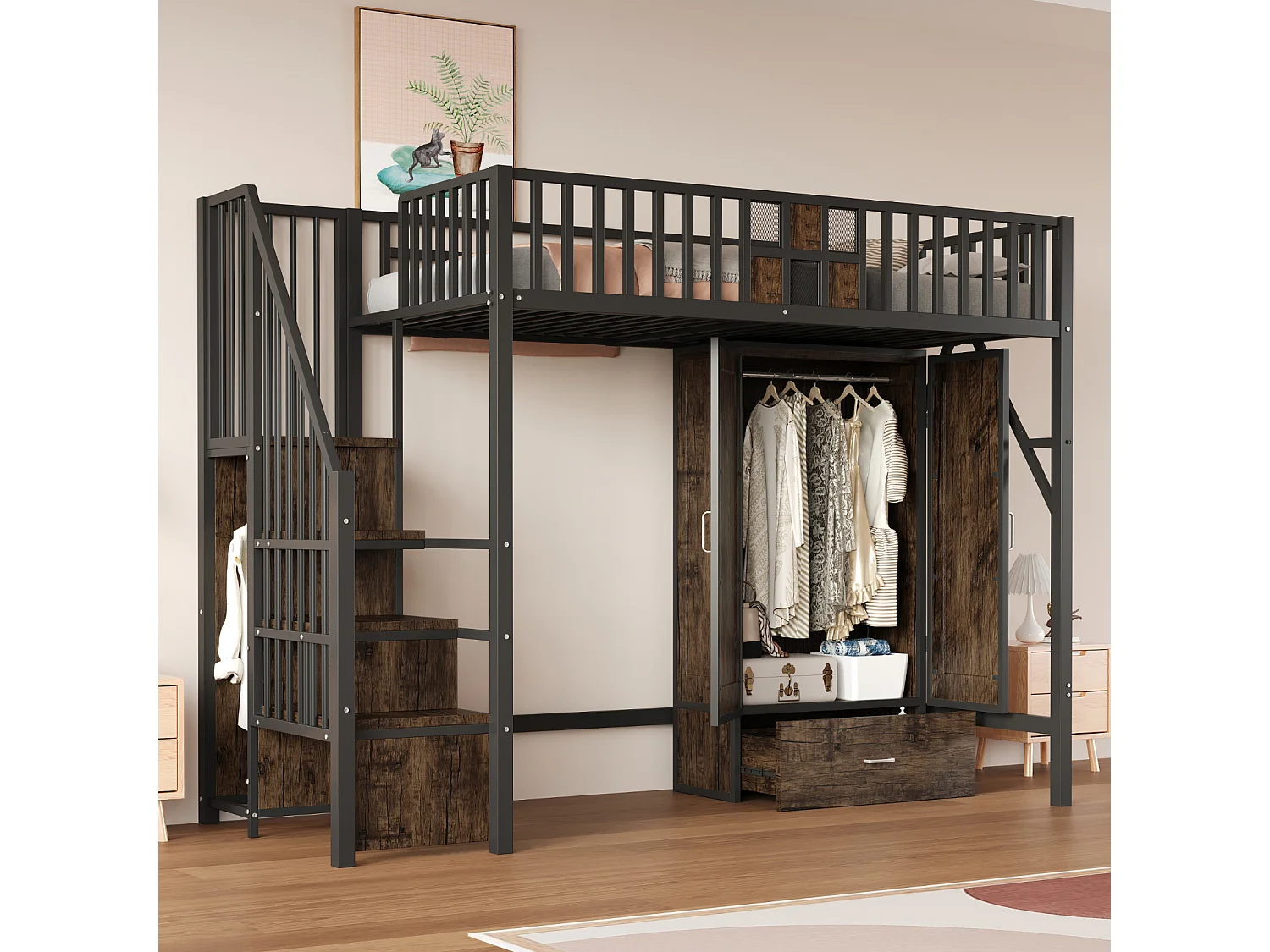 Cama alta de metal negro de 90x200 cm con barandilla de madera/metal, armario, cajones y escalera de almacenaje – cama segura y práctica