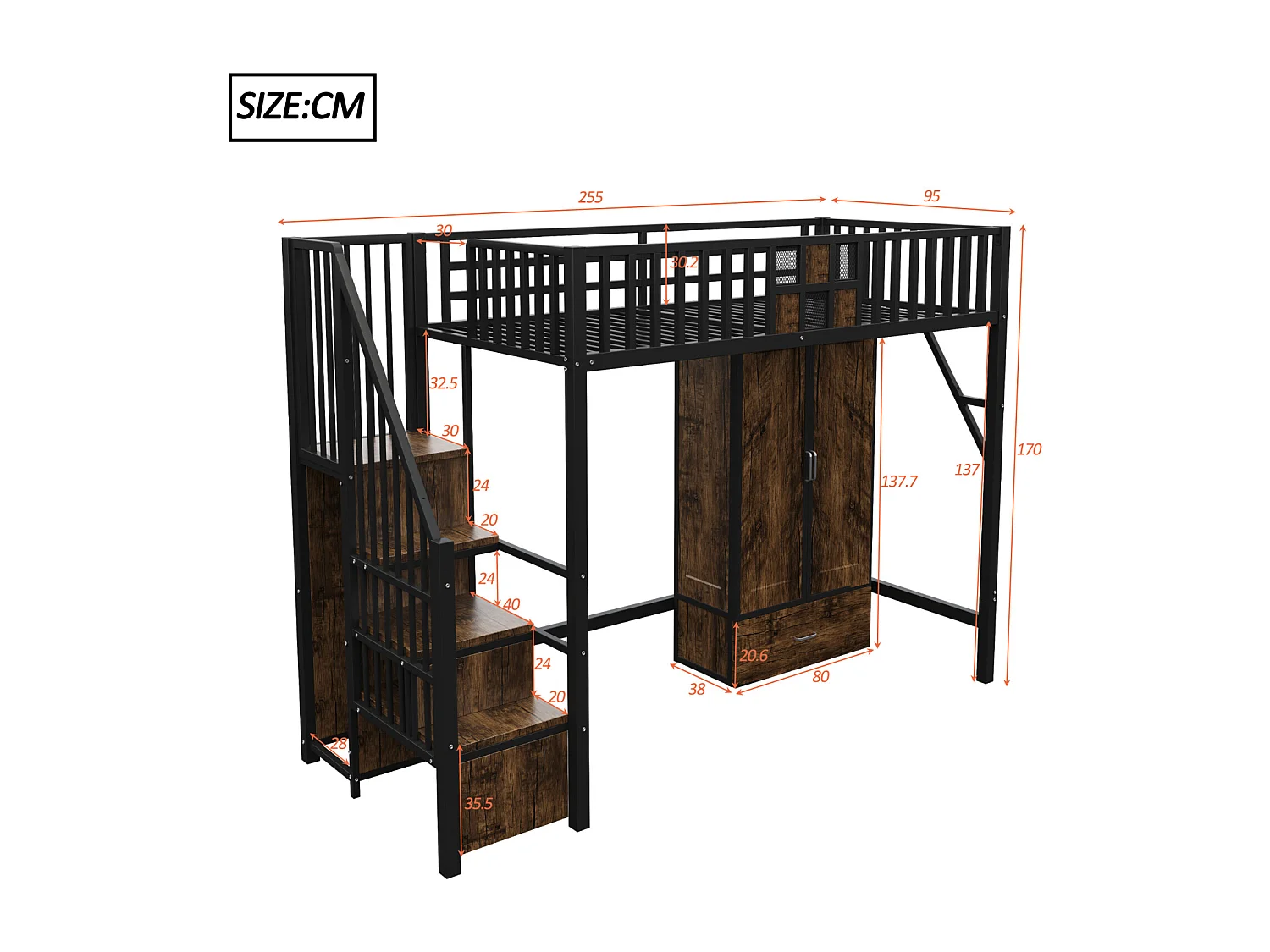 Cama alta de metal negro de 90x200 cm con barandilla de madera/metal, armario, cajones y escalera de almacenaje – cama segura y práctica