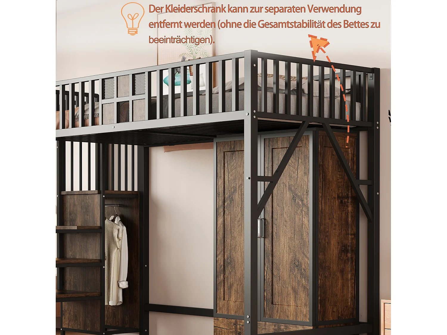 Cama alta de metal negro de 90x200 cm con barandilla de madera/metal, armario, cajones y escalera de almacenaje – cama segura y práctica