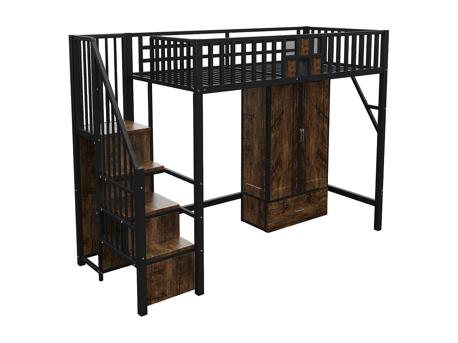 Cama alta de metal negro de 90x200 cm con barandilla de madera/metal, armario, cajones y escalera de almacenaje – cama segura y práctica