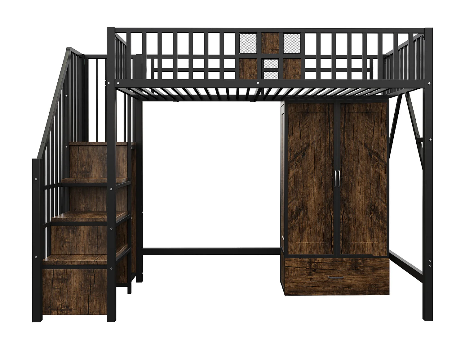 Cama alta de metal negro de 90x200 cm con barandilla de madera/metal, armario, cajones y escalera de almacenaje – cama segura y práctica