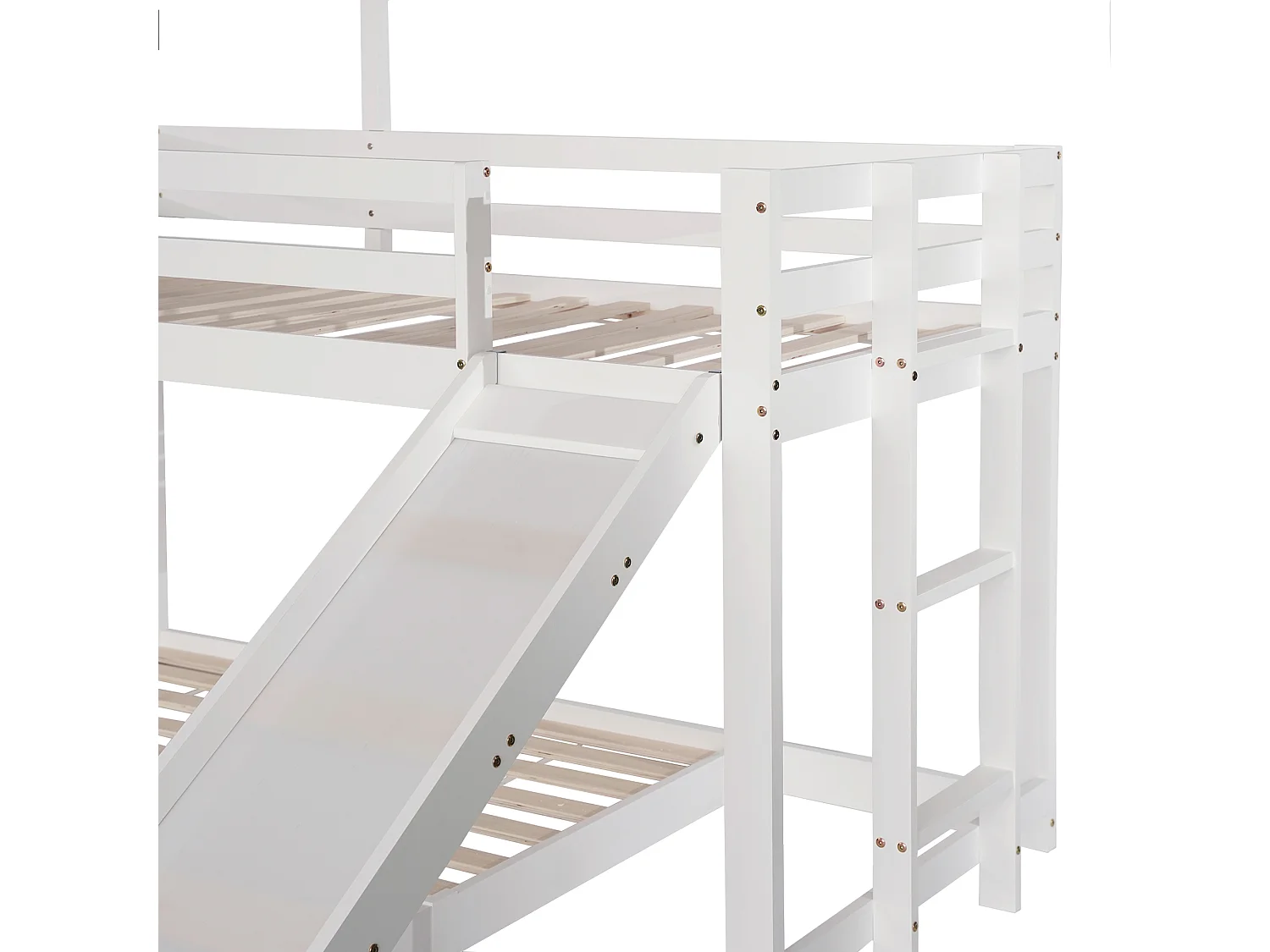 Lit superposé enfant avec toboggan, forme maison, barrières de sécurité, échelle 3 marches, Bois pin+MDF blanc 90x200 & 140x200