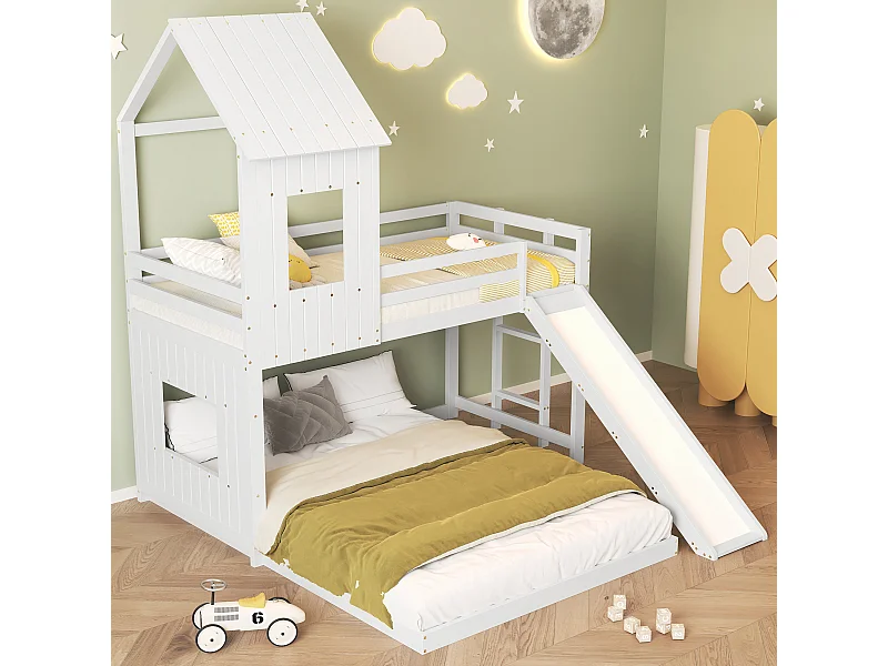 Lit superposé enfant avec toboggan, forme maison, barrières de sécurité, échelle 3 marches, Bois pin+MDF blanc 90x200 & 140x200