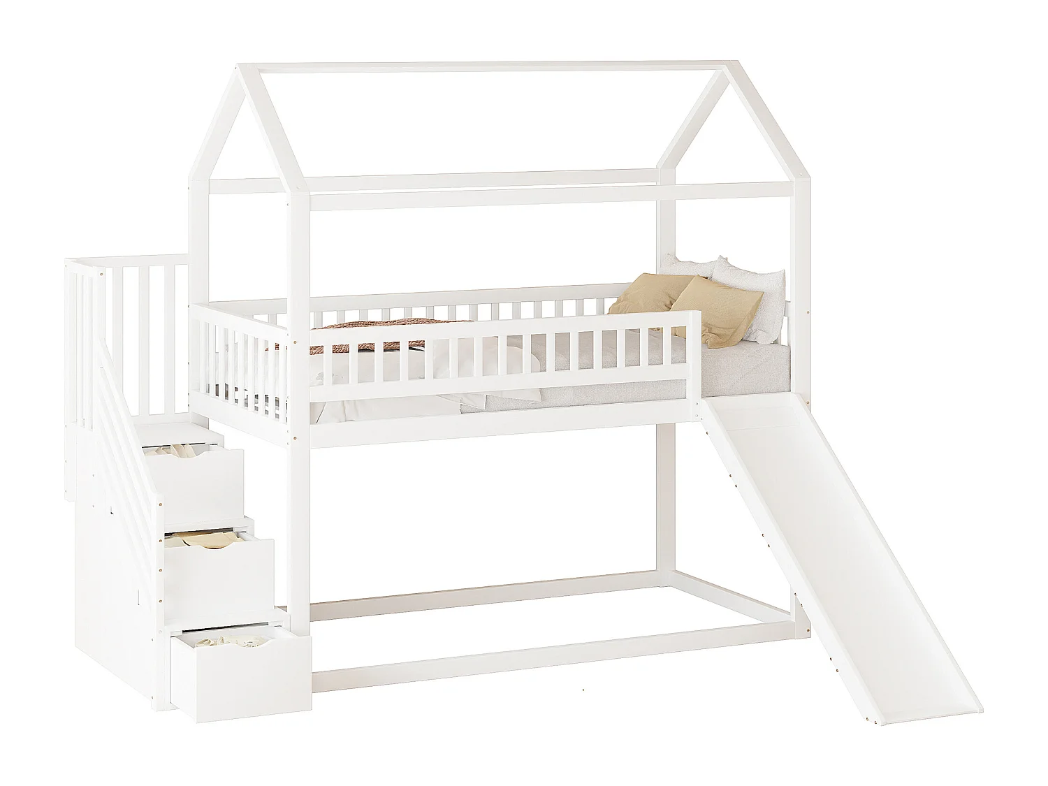 Lit mezzanine 90x200 cm blanc pour enfant en bois massif avec toboggan, échelle de rangement et barrières hautes – Lit sécurisé et pratique