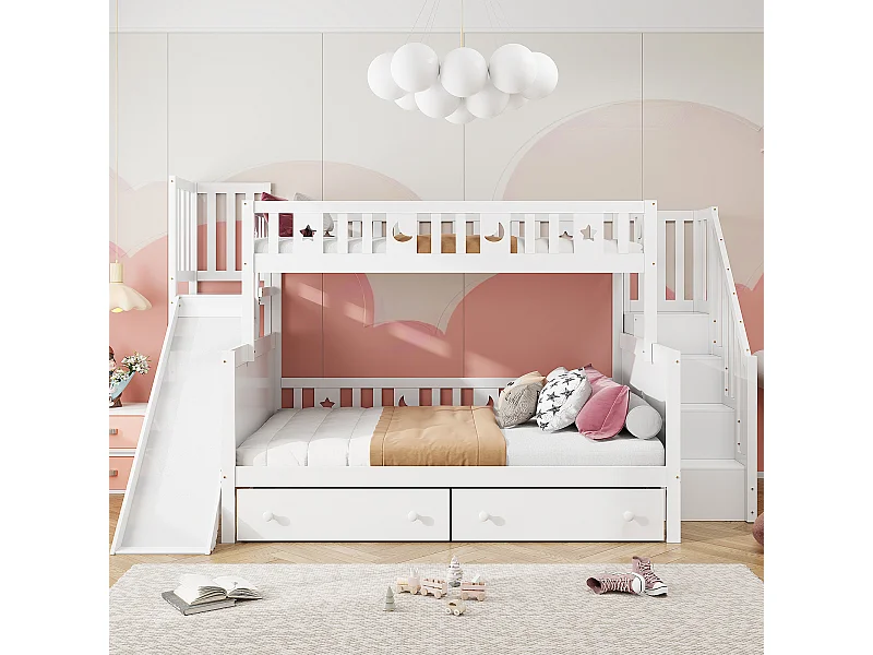Beliche infantil 90x200/140x200 cm em madeira maciça com escorregador, escada de segurança, 2 gavetas grandes e estrado de ripas – branco