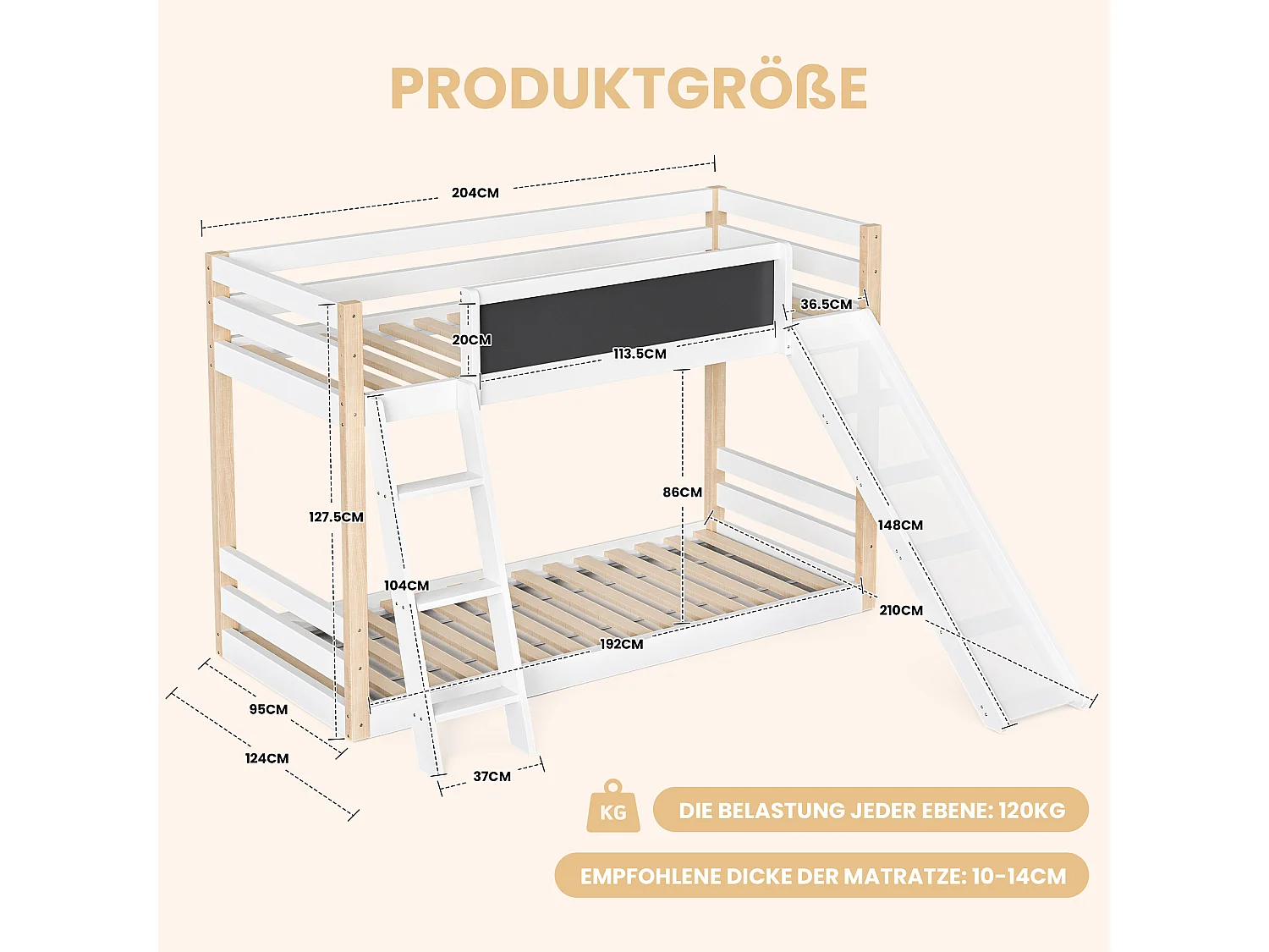 Litera infantil con tobogán, estructura de madera, barandillas de seguridad 4 lados, certificación ecológica 747 – compatible con colchones 90x200 y 90x190 cm