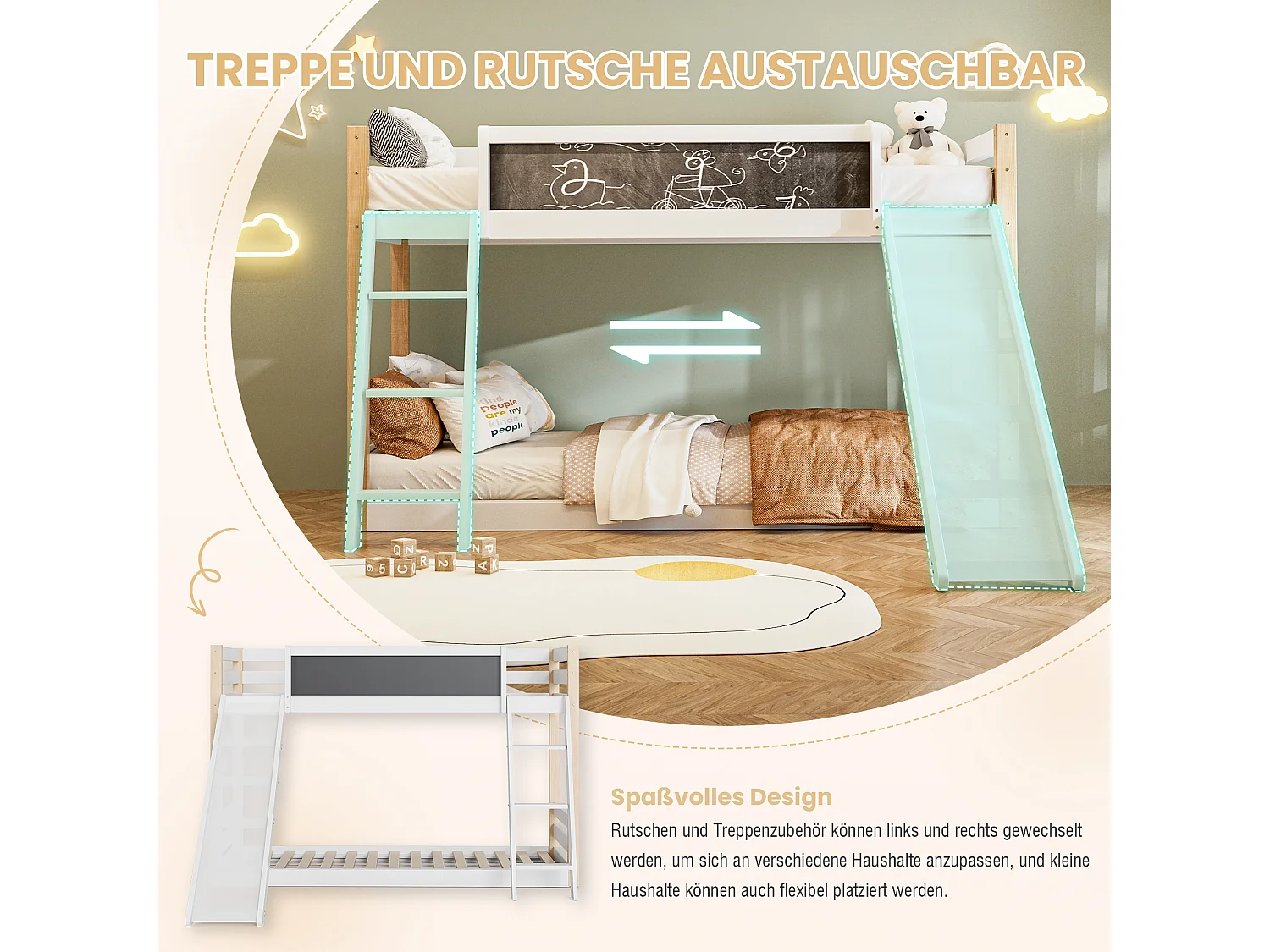 Litera infantil con tobogán, estructura de madera, barandillas de seguridad 4 lados, certificación ecológica 747 – compatible con colchones 90x200 y 90x190 cm