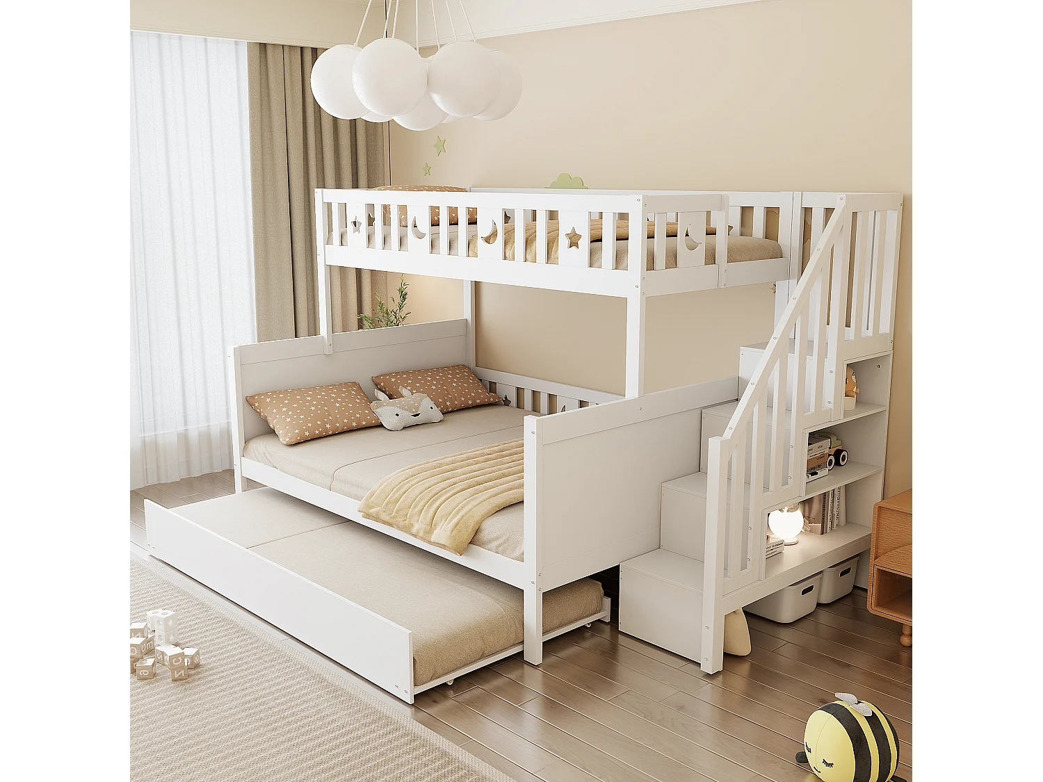 Lit superposé enfant 90x200 / 140x200 cm en bois massif blanc, avec escalier sécurisé, lit gigogne et sommier à latte