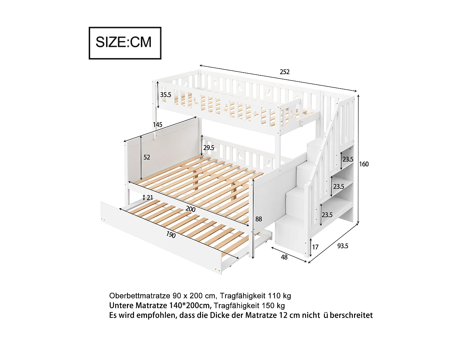 Lit superposé enfant 90x200 / 140x200 cm en bois massif blanc, avec escalier sécurisé, lit gigogne et sommier à latte