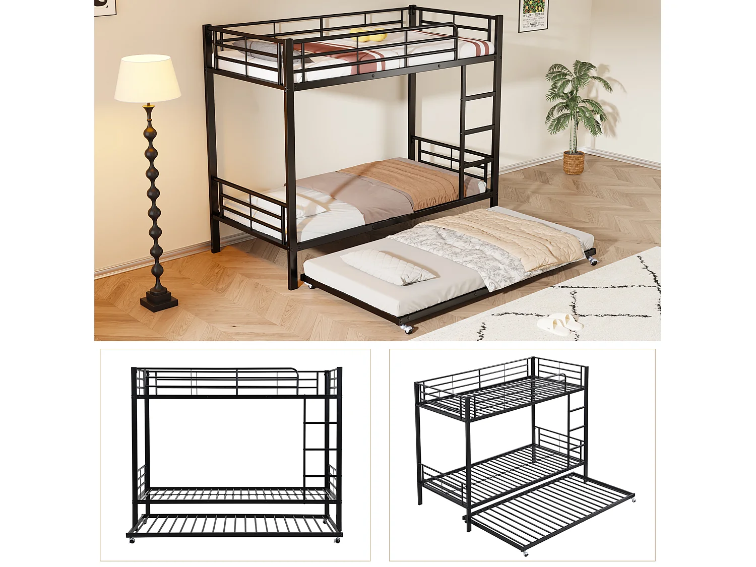 Litera negra de 90x200 y 90x190 cm para niños y adolescentes con cama nido y 4 barandillas laterales – robusta y segura