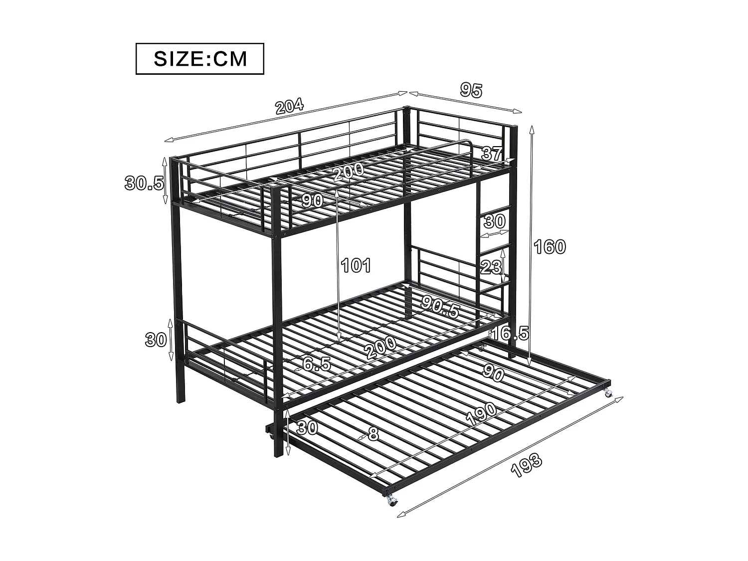 Litera negra de 90x200 y 90x190 cm para niños y adolescentes con cama nido y 4 barandillas laterales – robusta y segura