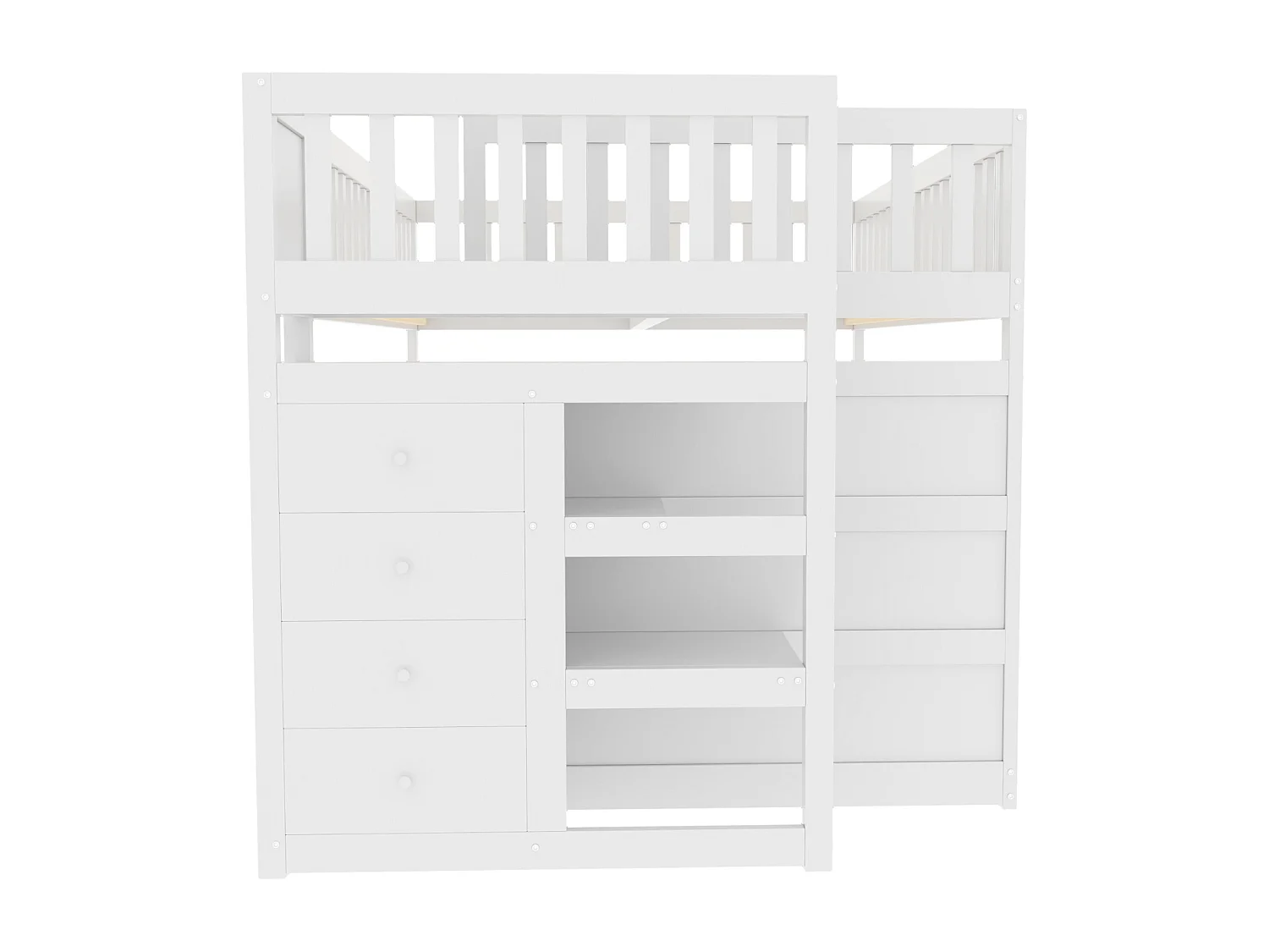 Lit superposé bas 140x200 cm en bois blanc avec barrière haute et rangement intégré – Lit enfant sécurisé et fonctionnel