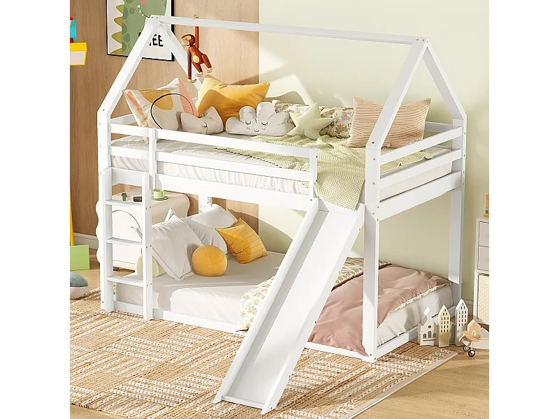 Cama infantil blanca de 90x200 cm con tobogán y escalera, práctica y divertida cama individual – Litera segura y casita de juegos para niños