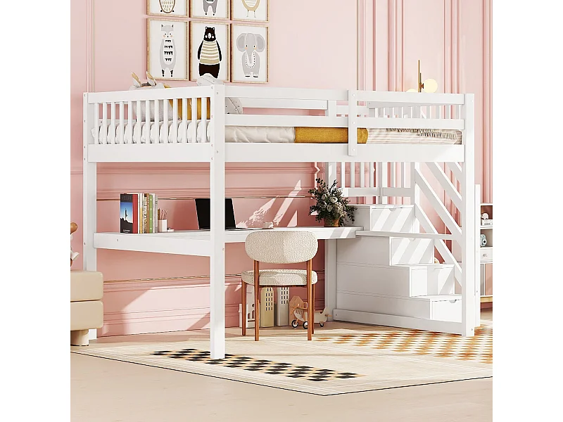 Lit mezzanine 140x200 cm blanc, avec grand espace de rangement et bureau intégré, lit enfant pratique et moderne