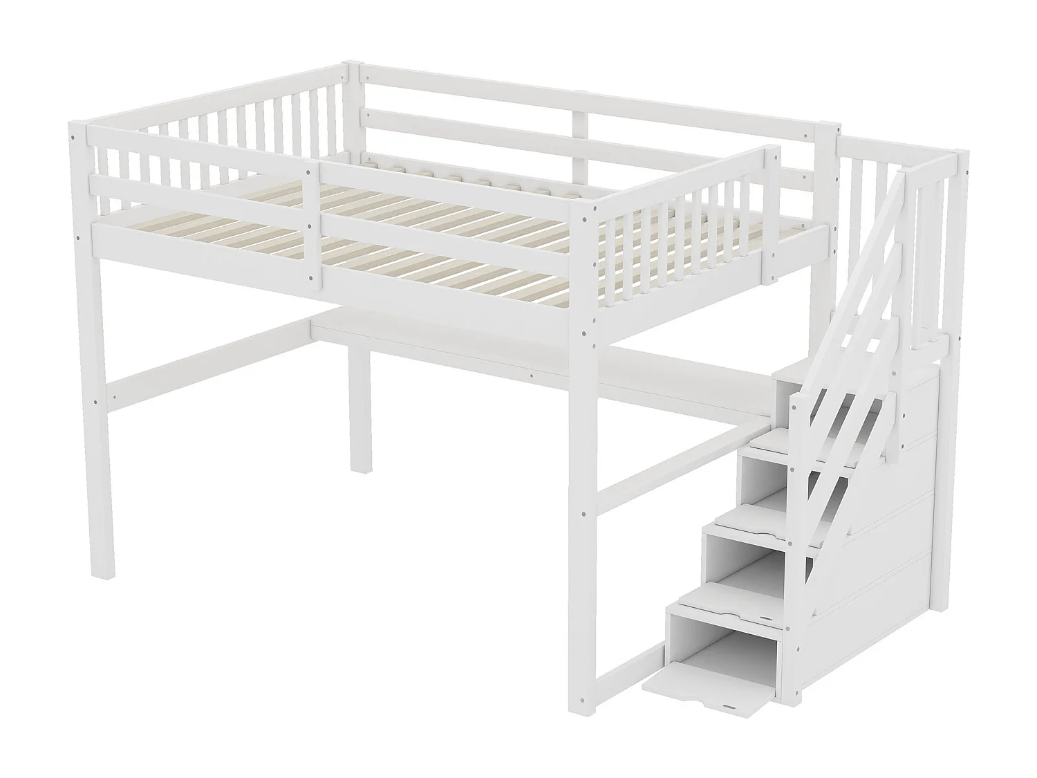 Lit mezzanine 140x200 cm blanc, avec grand espace de rangement et bureau intégré, lit enfant pratique et moderne