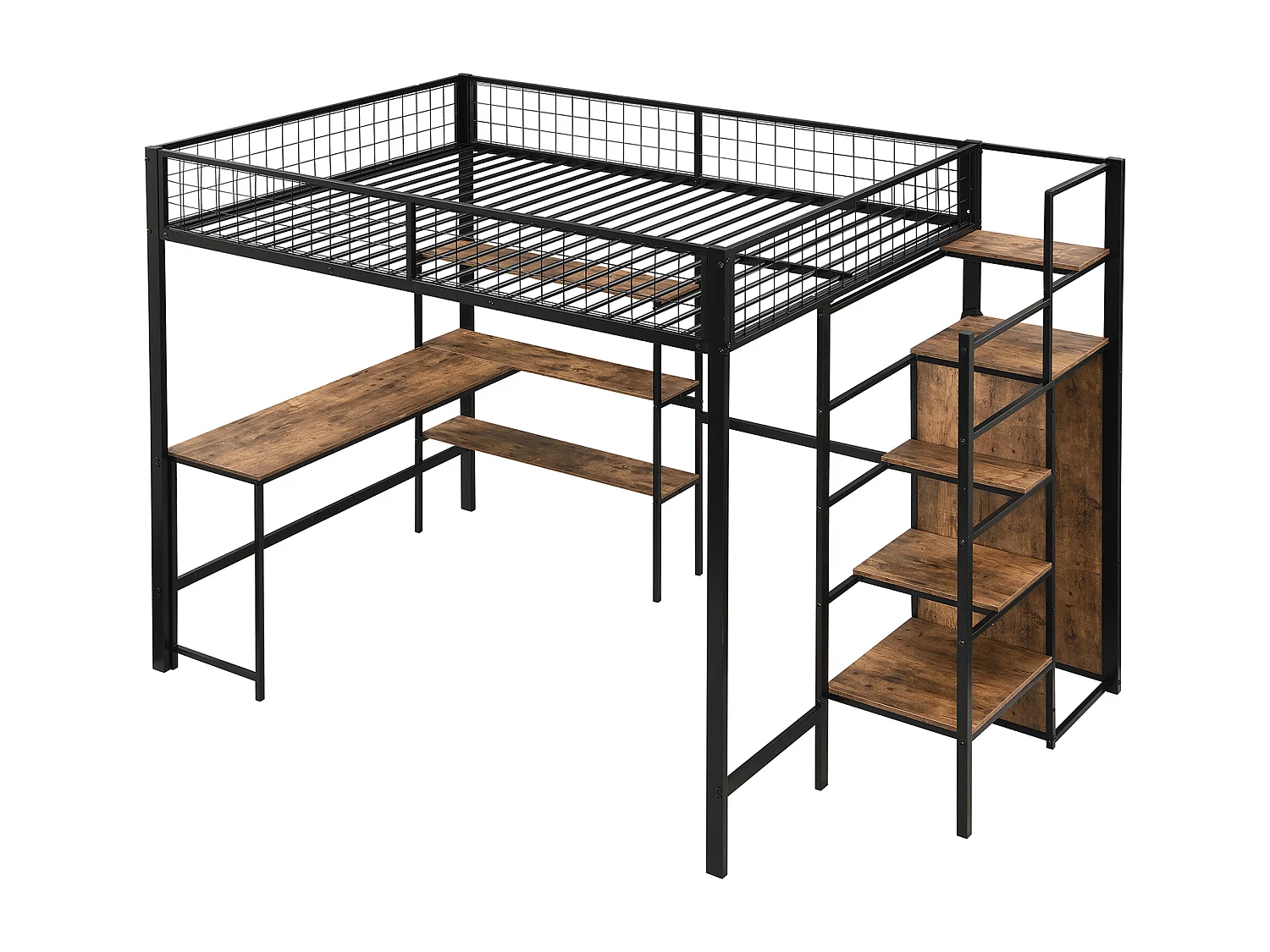 Lit mezzanine 140x200 cm noir en métal avec échelle de rangement, étagères multiples, armoire et bureau, sans matelas pratique
