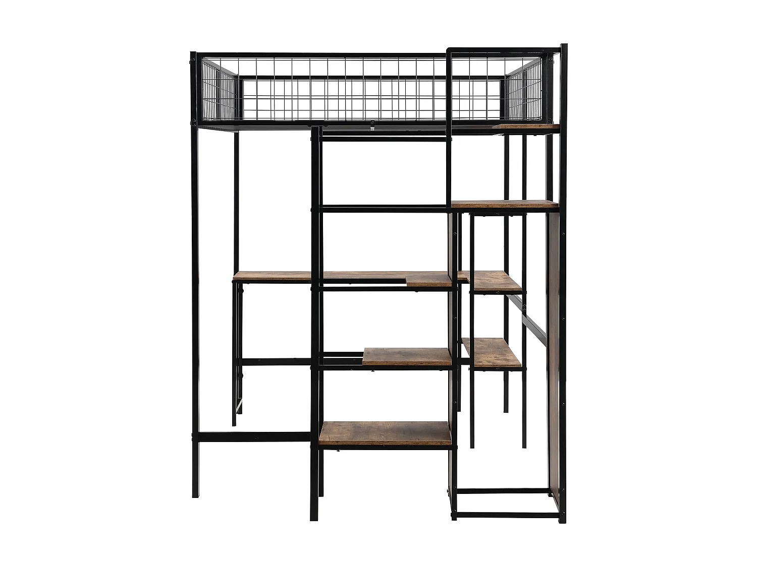 Lit mezzanine 140x200 cm noir en métal avec échelle de rangement, étagères multiples, armoire et bureau, sans matelas pratique