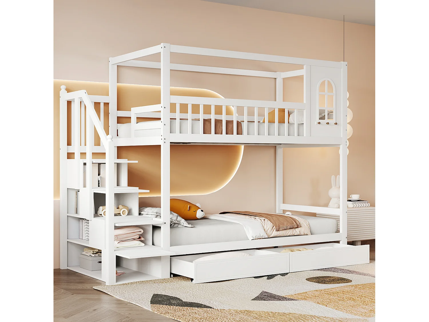 Litera infantil de 90x200 cm en madera maciza, con cajones de almacenaje y escalera segura – Diseño lúdico y seguro