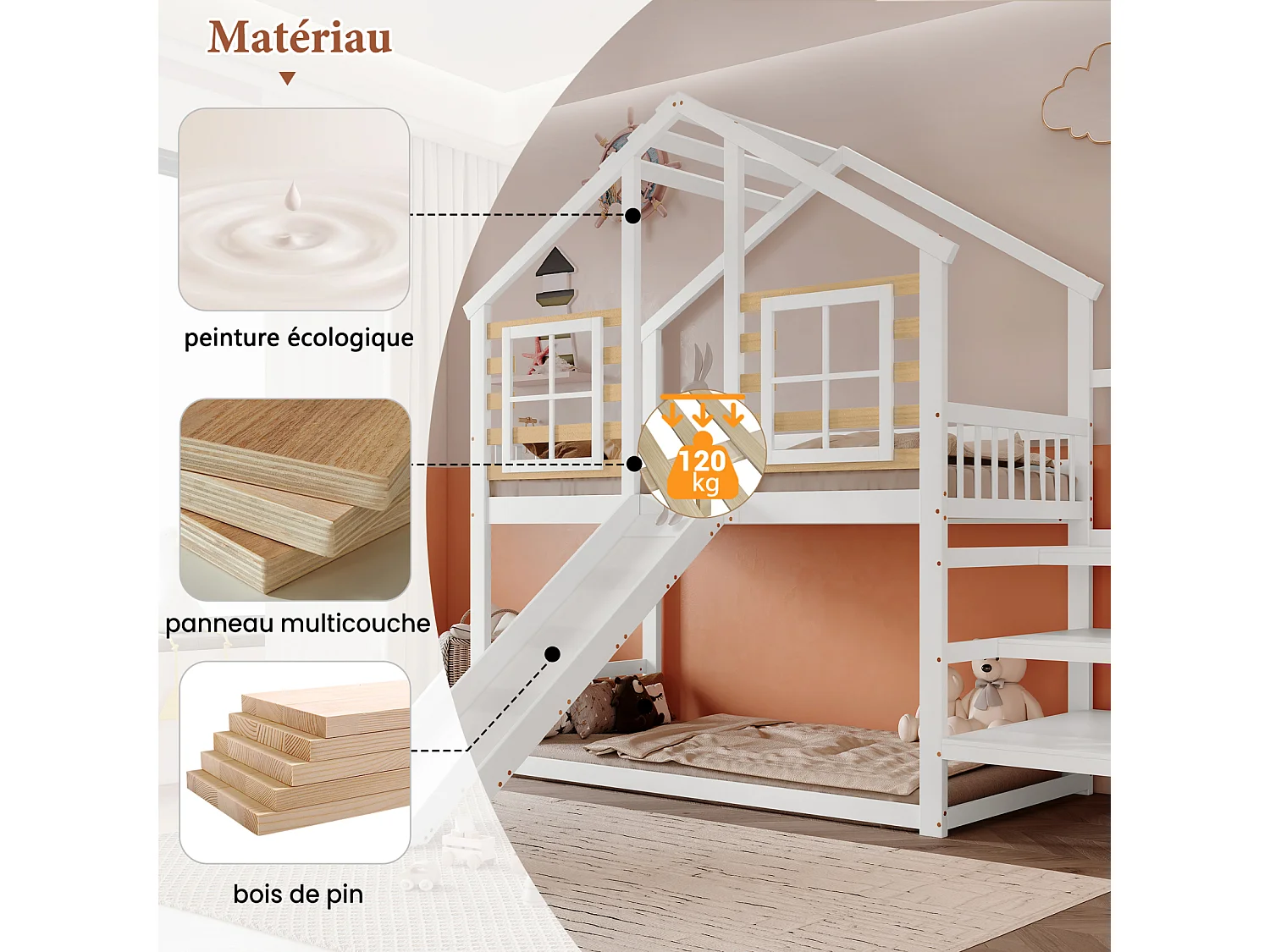 Litera de madera maciza blanca (90x200 cm) con escalera, barandillas, tobogán y ventana – Cama tipo cabaña segura para niños