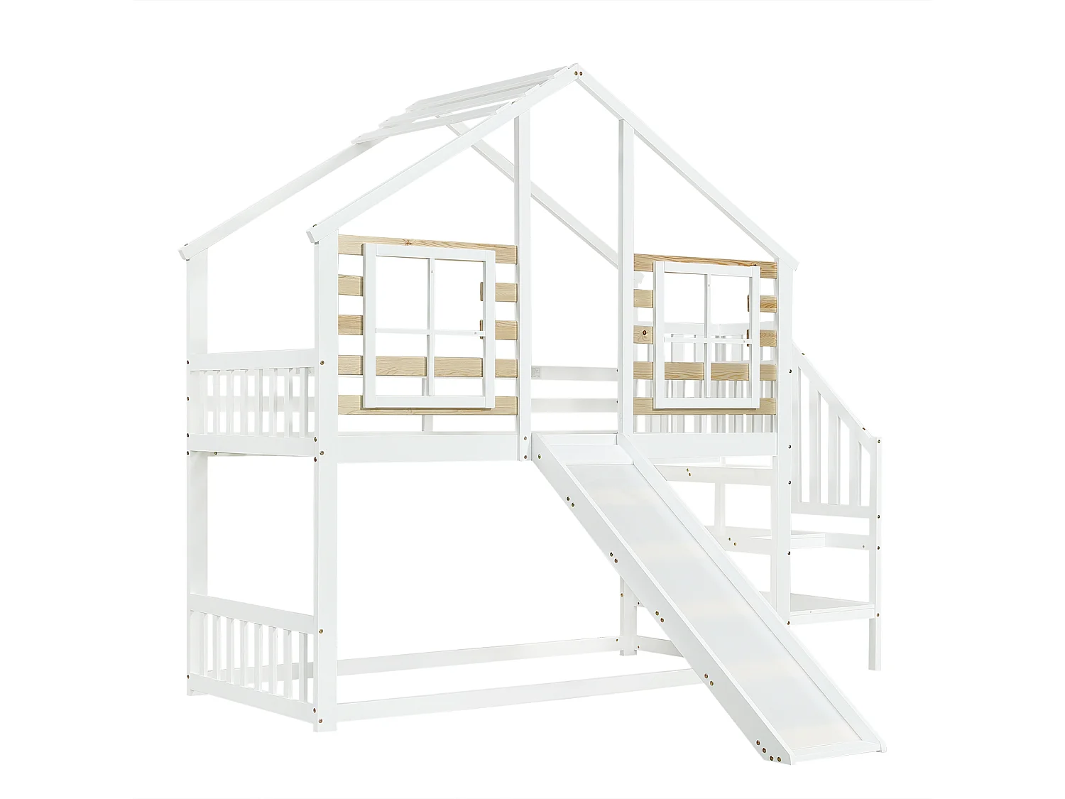 Litera de madera maciza blanca (90x200 cm) con escalera, barandillas, tobogán y ventana – Cama tipo cabaña segura para niños