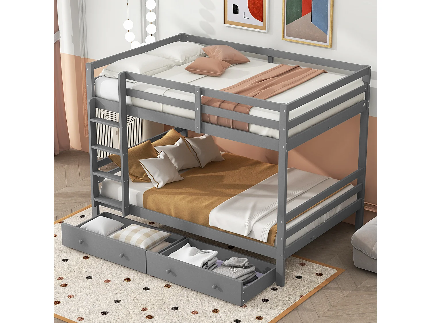 Lit superposé 140x200 cm pour enfants avec tiroirs de rangement, barrières hautes et structure solide – coloris gris