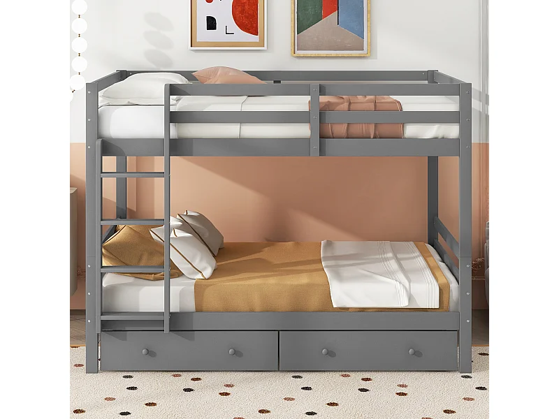 Lit superposé 140x200 cm pour enfants avec tiroirs de rangement, barrières hautes et structure solide – coloris gris