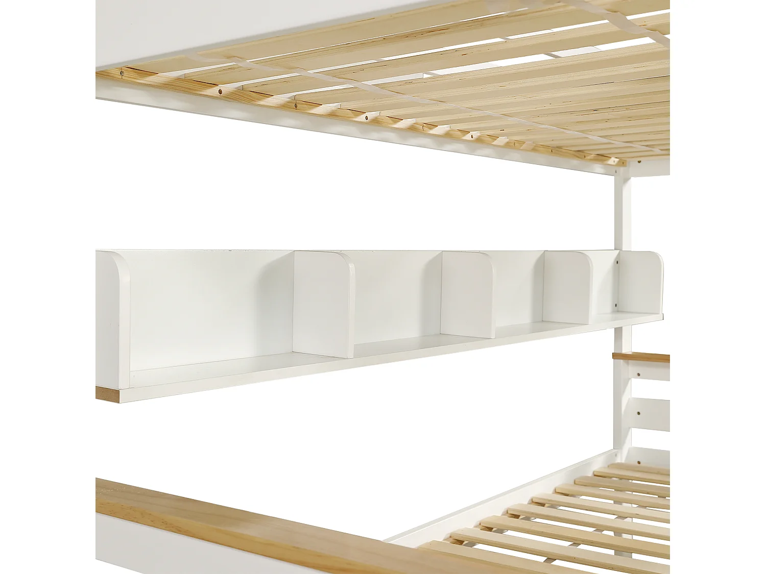 Litera de 90x200 y 140x200 cm en pino y MDF blanco con barandillas, 2 cajones, escalera de 4 peldaños y estantes abiertos