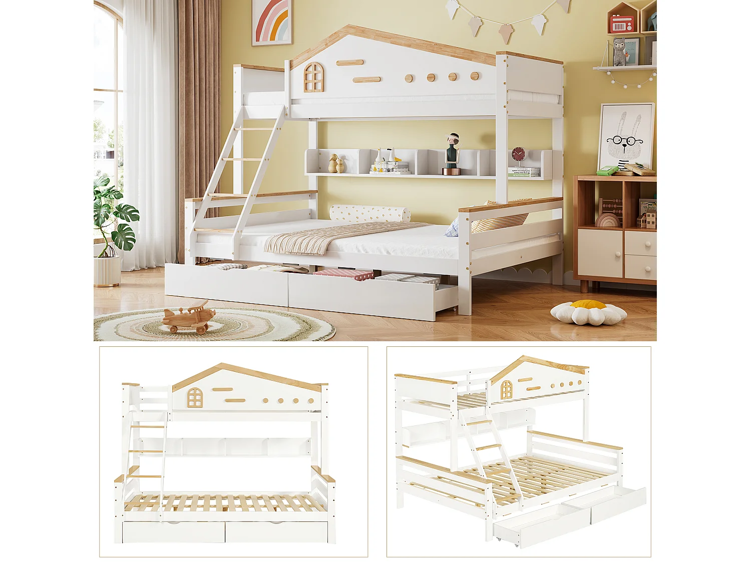 Lit superposé 90x200 et 140x200 cm en pin et MDF blanc avec barrières, 2 tiroirs, échelle 4 marches et étagères ouvertes