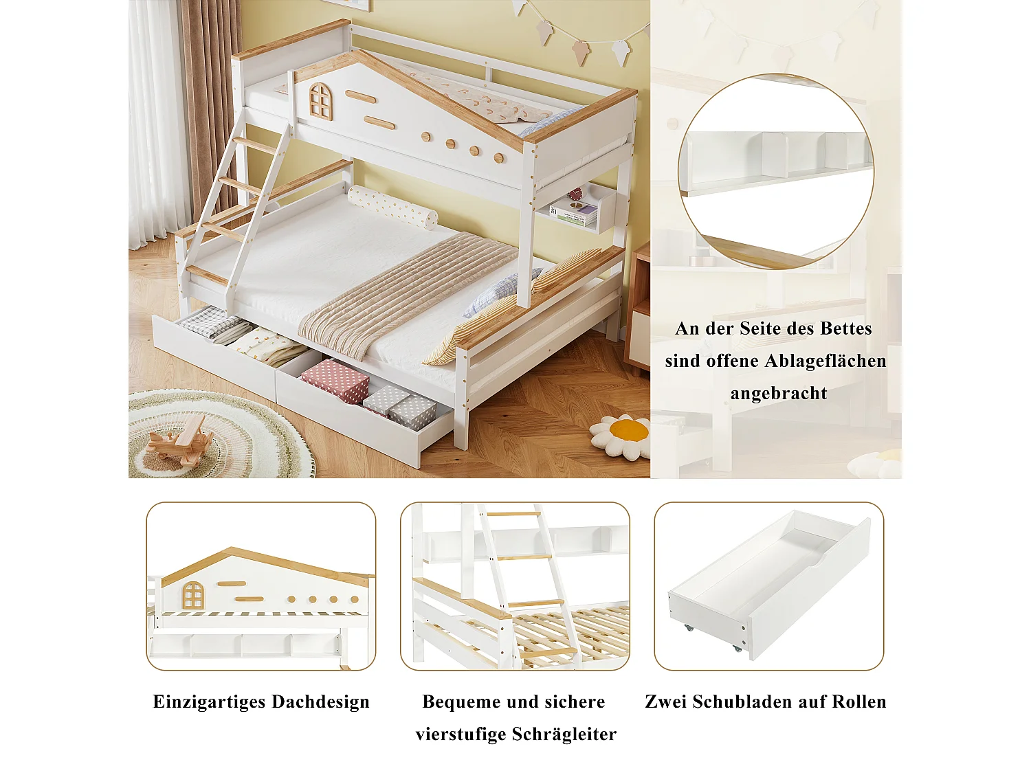 Lit superposé 90x200 et 140x200 cm en pin et MDF blanc avec barrières, 2 tiroirs, échelle 4 marches et étagères ouvertes