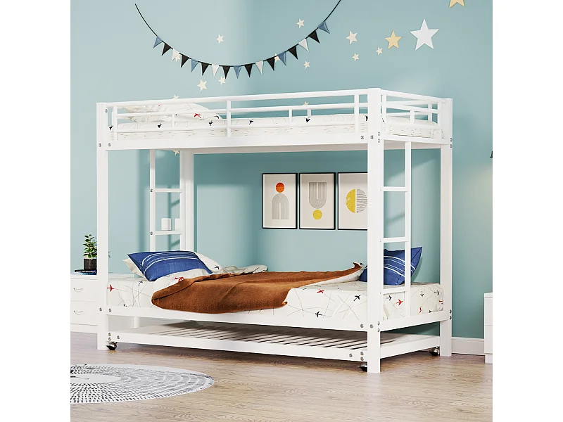 Lit superposé 90x200 cm en métal blanc avec lit gigogne, barrières hautes, structure robuste et certifié EN747 – idéal pour enfants