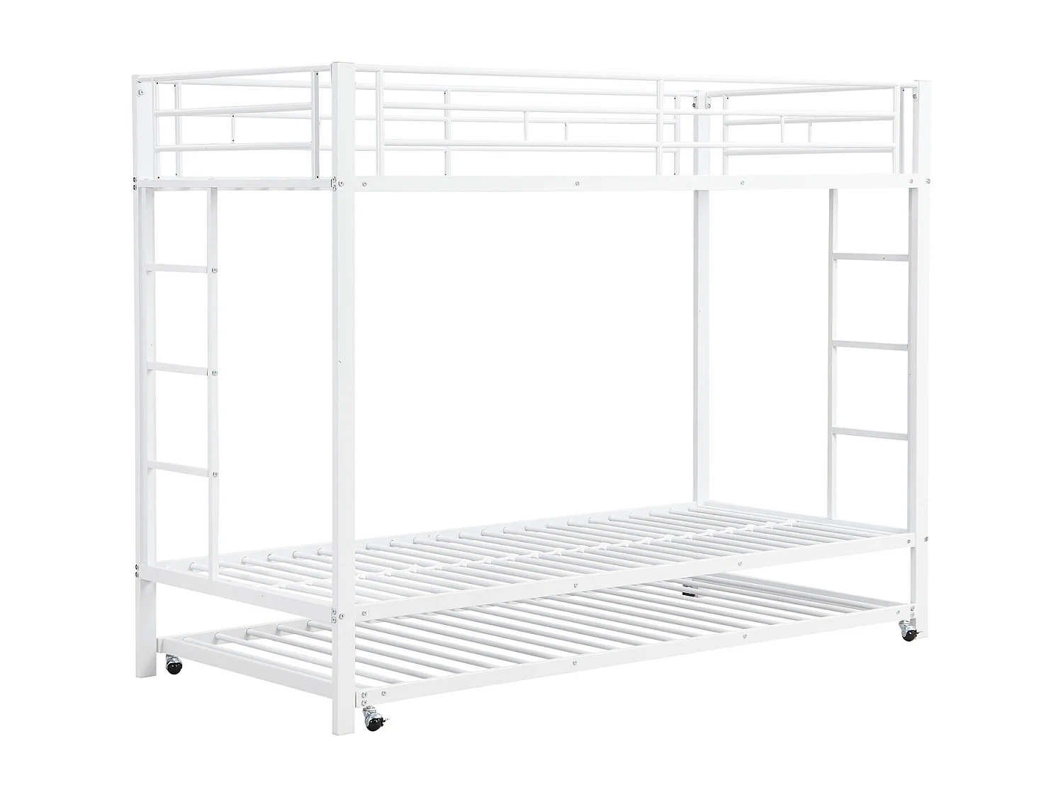 Litera metálica blanca (90x200 cm) con cama nido, barandillas altas, estructura robusta y certificación EN747 – ideal para niños