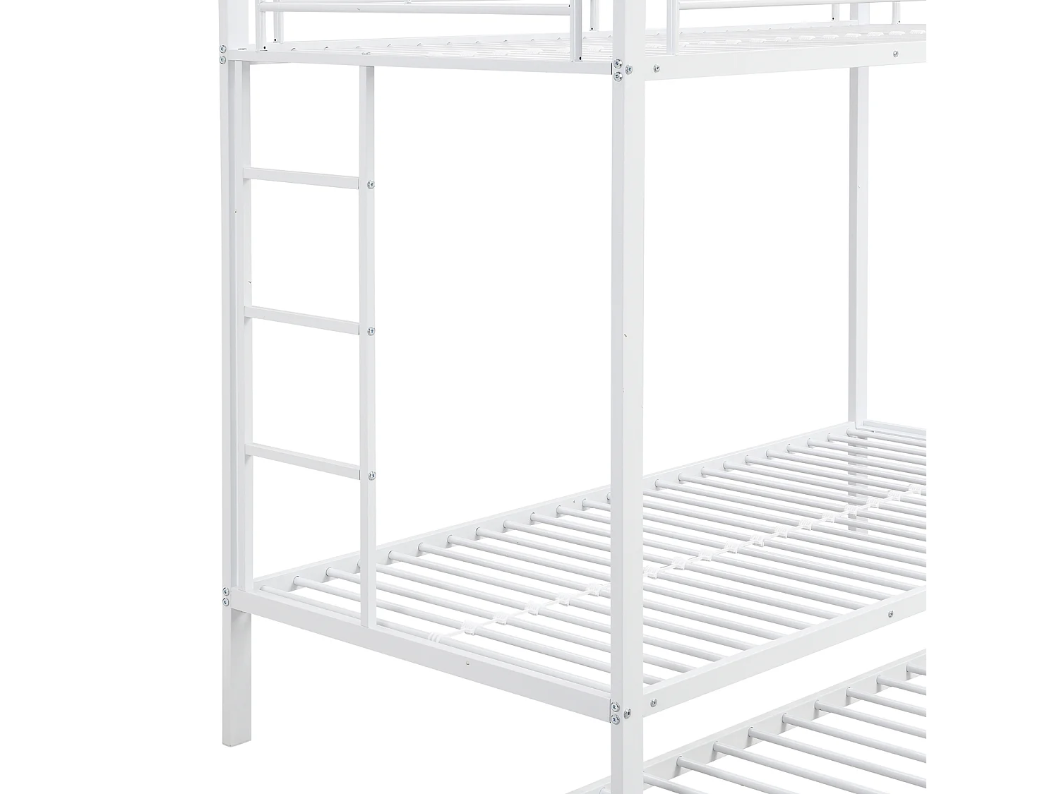 Litera metálica blanca (90x200 cm) con cama nido, barandillas altas, estructura robusta y certificación EN747 – ideal para niños