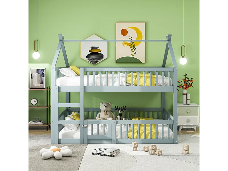 Lit superposé 140x200 cm pour enfant/famille en bois massif gris avec escalier – Design loft pratique et sécurisé pour chambre d’enfant