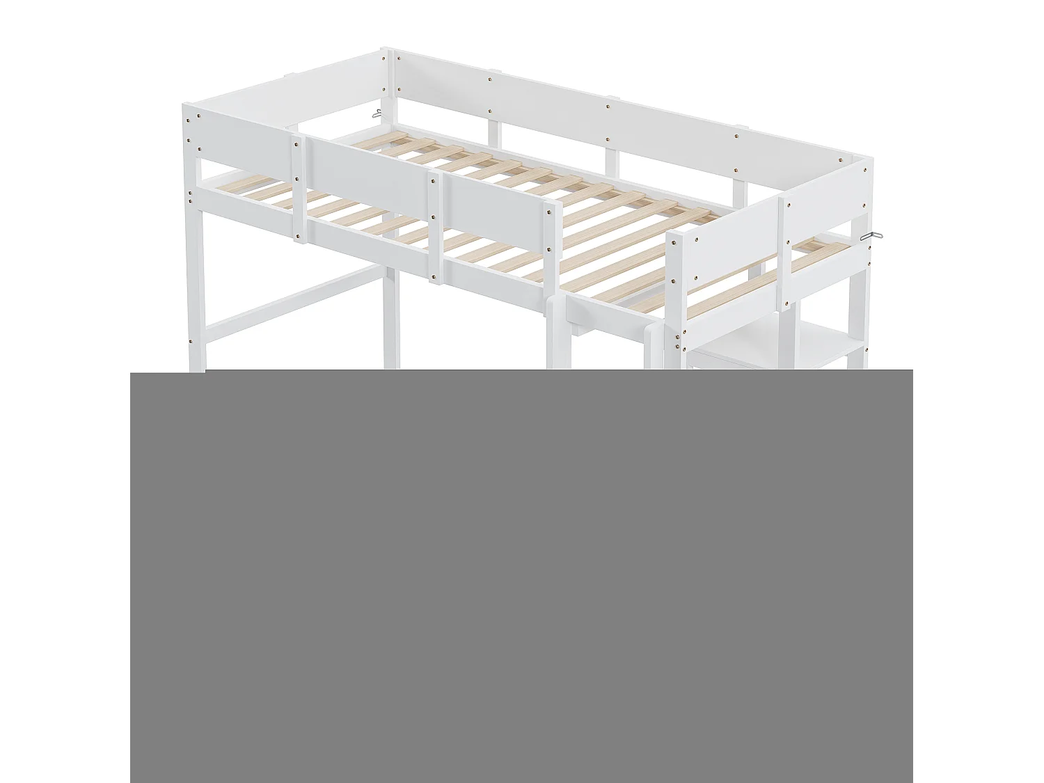 Lit mezzanine 90x200 cm pour enfants avec étagère, cadre en pin massif et sommier à lattes, pratique et design, blanc