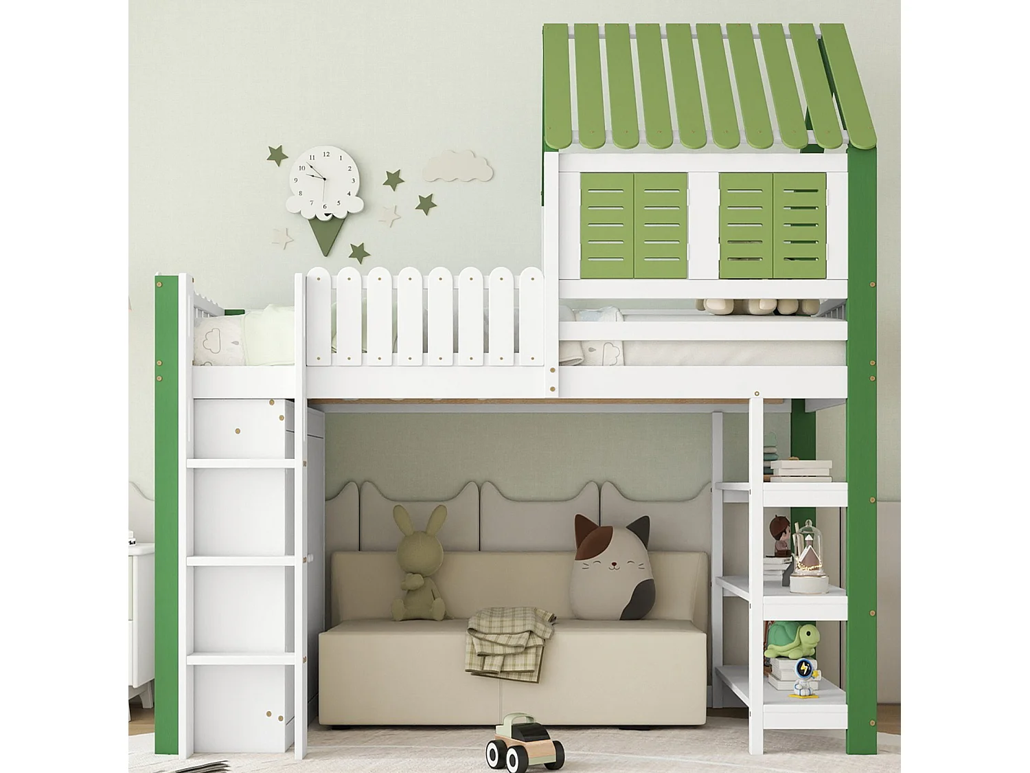Lit mezzanine enfant 90x200 cm blanc/vert avec toit, barrières de sécurité, armoire, étagères ouvertes et échelle 3 marches
