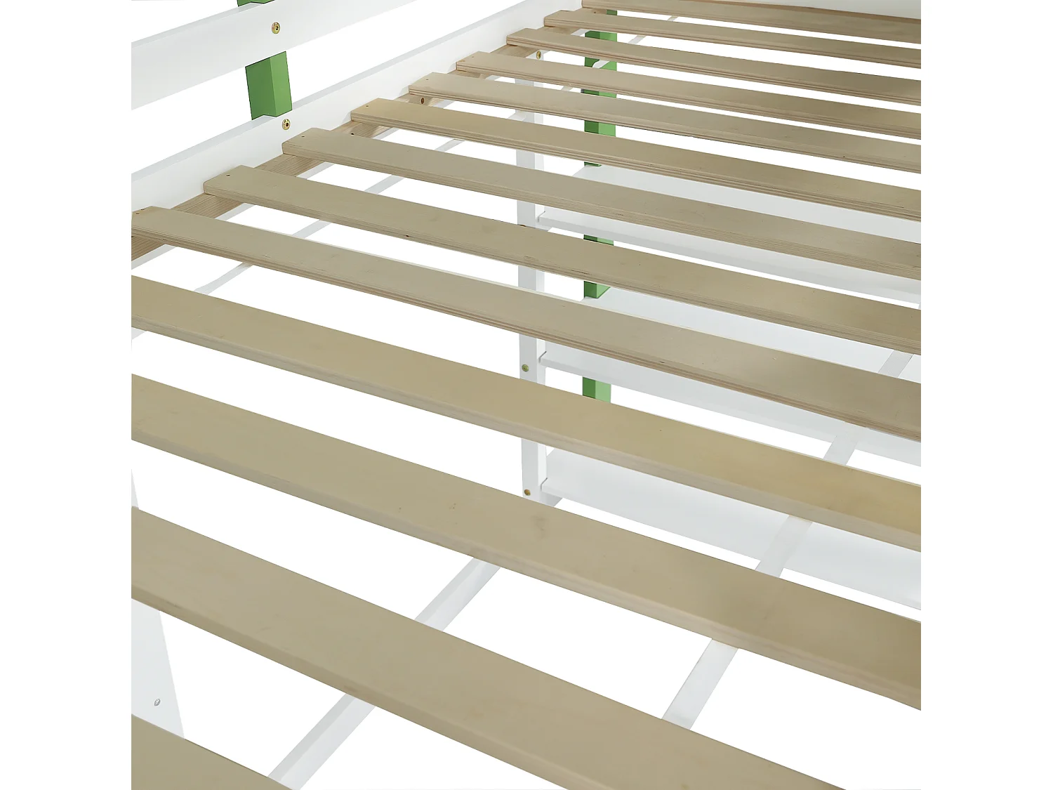 Lit mezzanine enfant 90x200 cm blanc/vert avec toit, barrières de sécurité, armoire, étagères ouvertes et échelle 3 marches