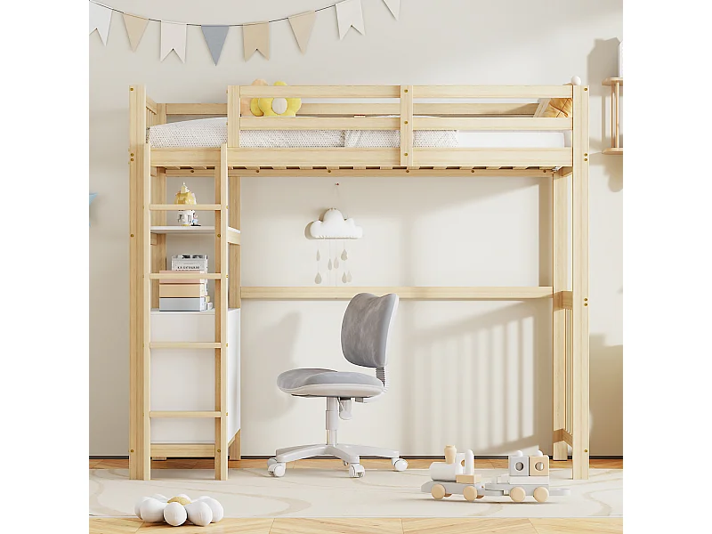 Lit mezzanine 90x200 cm en pin bois couleur bois/blanc avec échelle sécurisée, tiroirs, garde-corps haut
